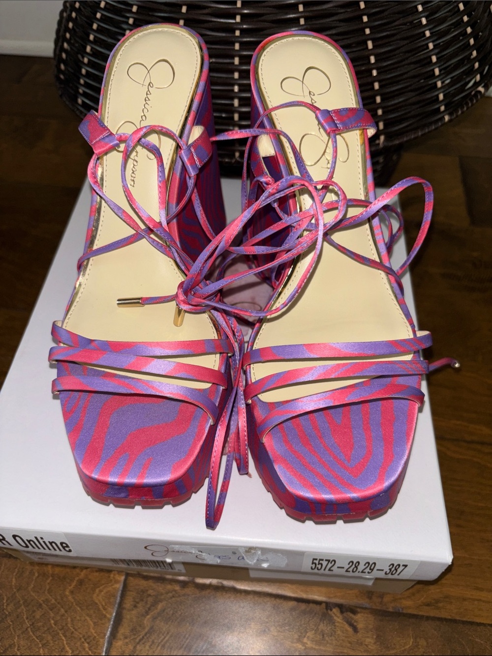 Jessica Simpson 5 inch Pink & Purple Zebra Lace-Up Platform Sandals Sz 8.5 - Picture 7 of 12
